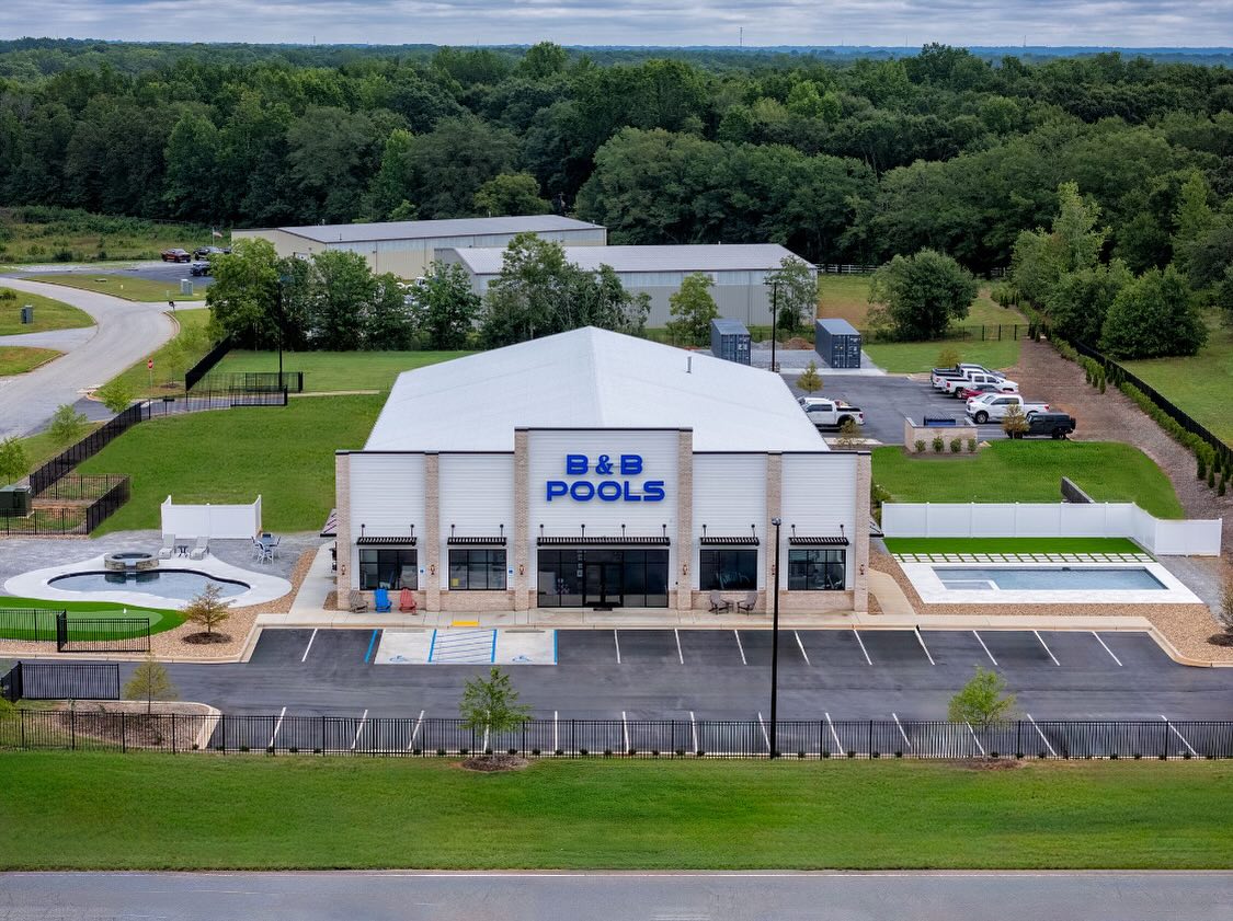 B & B Pools store and showroom — aerial view