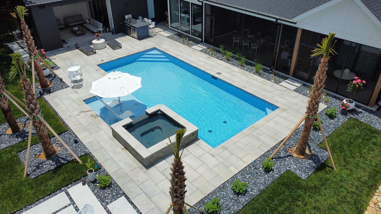Aerial view of modern gunite pool with spa and palm trees